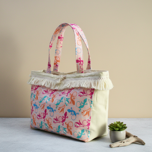 Professional studio shot of Large Organic Cotton Tote Bag - Pink Geckos