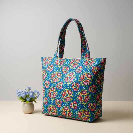 Professional studio shot of Organic Cotton Medium Tote Bag - Blue Flowers with handles visible