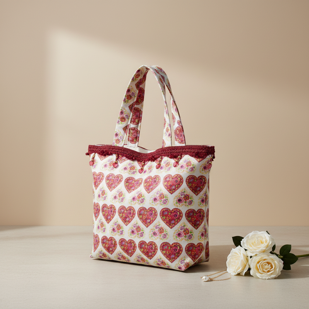 Professional studio shot of Organic Cotton Medium Tote Bag - White Heart Rose