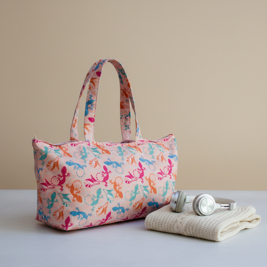 Professional studio shot of Overnight Organic Cotton Tote Bag - Pink Geckos