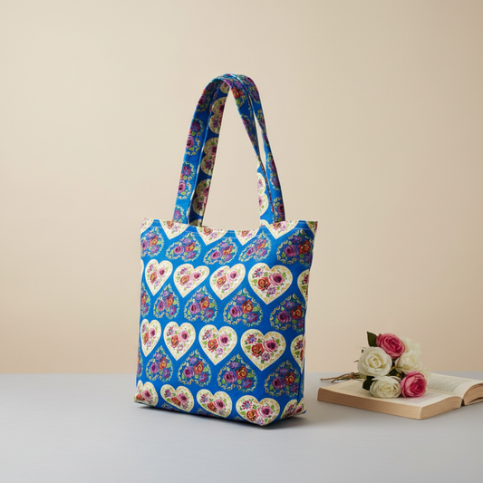 Professional studio shot of Small Organic Cotton Tote Bag - Blue Heart Rose